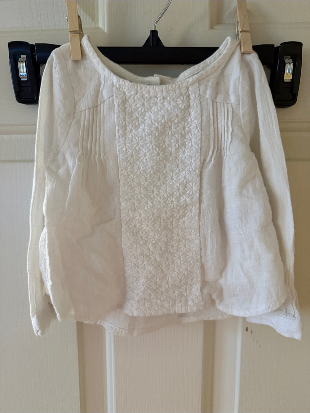 Girls' White Long-Sleeve Embroidered Front Blouse